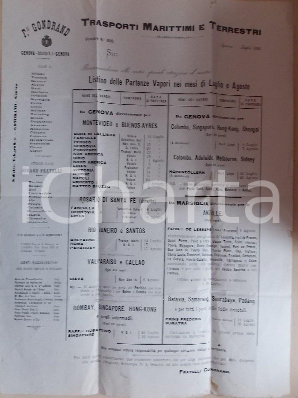 Documento originale, autentico 1888 GENOVA F.lli GONDRAND Trasporti  Listino partenze vapori 35 x 45 cm 1