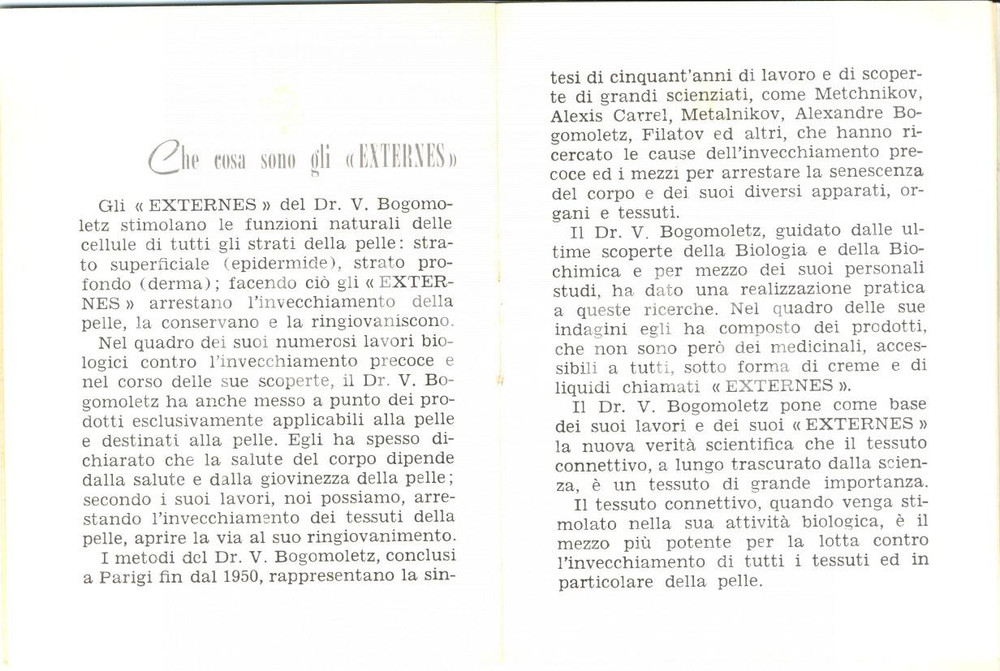 Materiale pubblicitario d’epoca 1960 ca ROMA Victor BOGOMOLETZ Externes per ringiovanire la pelle Pubblicitario 1