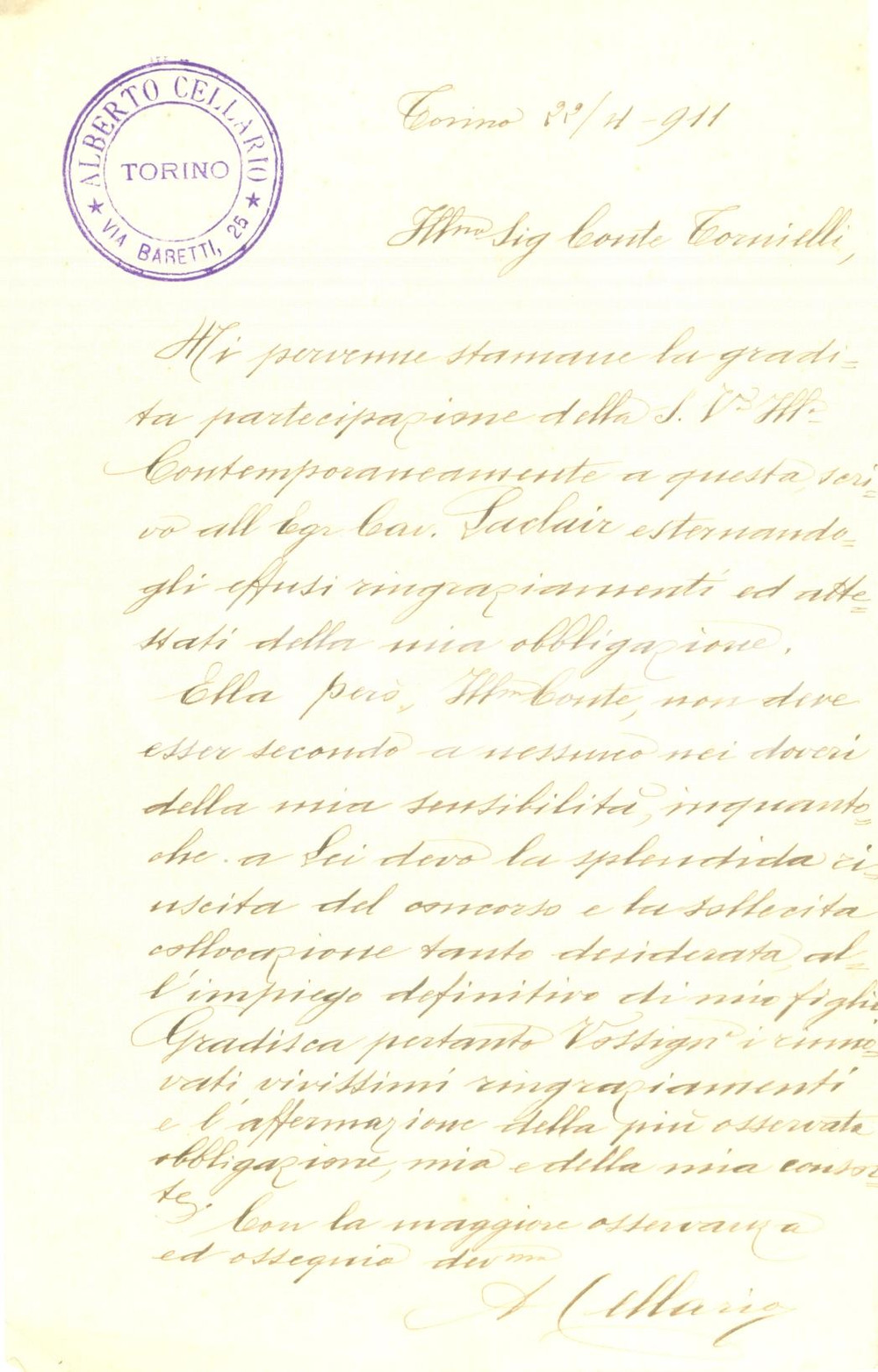 Documento originale, autentico 1911 TORINO Alberto CELLARIO ringrazia TORNIELLI per raccomandazione al figlio 1