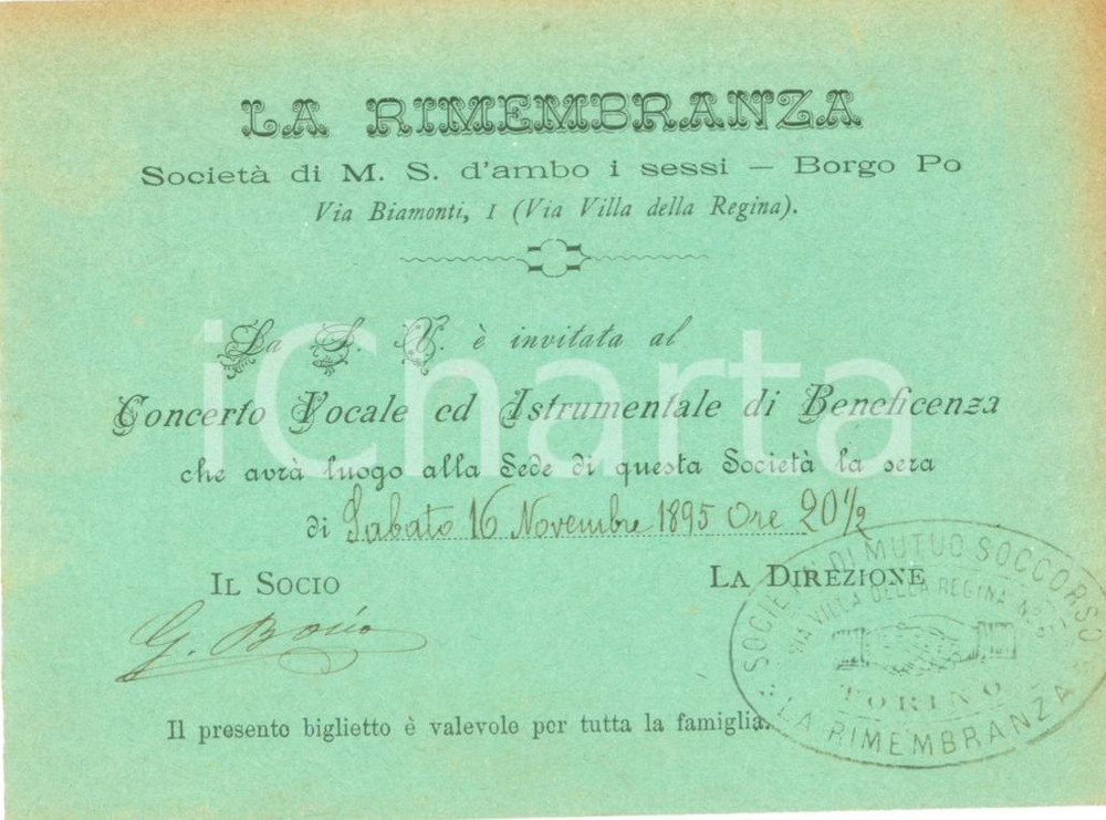 Documento originale, autentico 1895 TORINO BORGO PO Società LA RIMEMBRANZA Concerto vocale beneficenza Invito 1