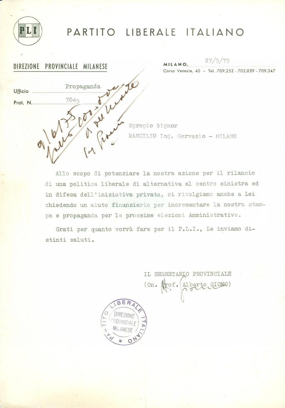 Materiale pubblicitario d’epoca 1975 MILANO PROPAGANDA POLITICA PLI come alternativa alla sinistra 1