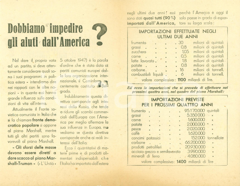 Materiale pubblicitario d’epoca 1948 PROPAGANDA POLITICA DC Impedire aiuti dall America?  PIANO MARSHALL 1