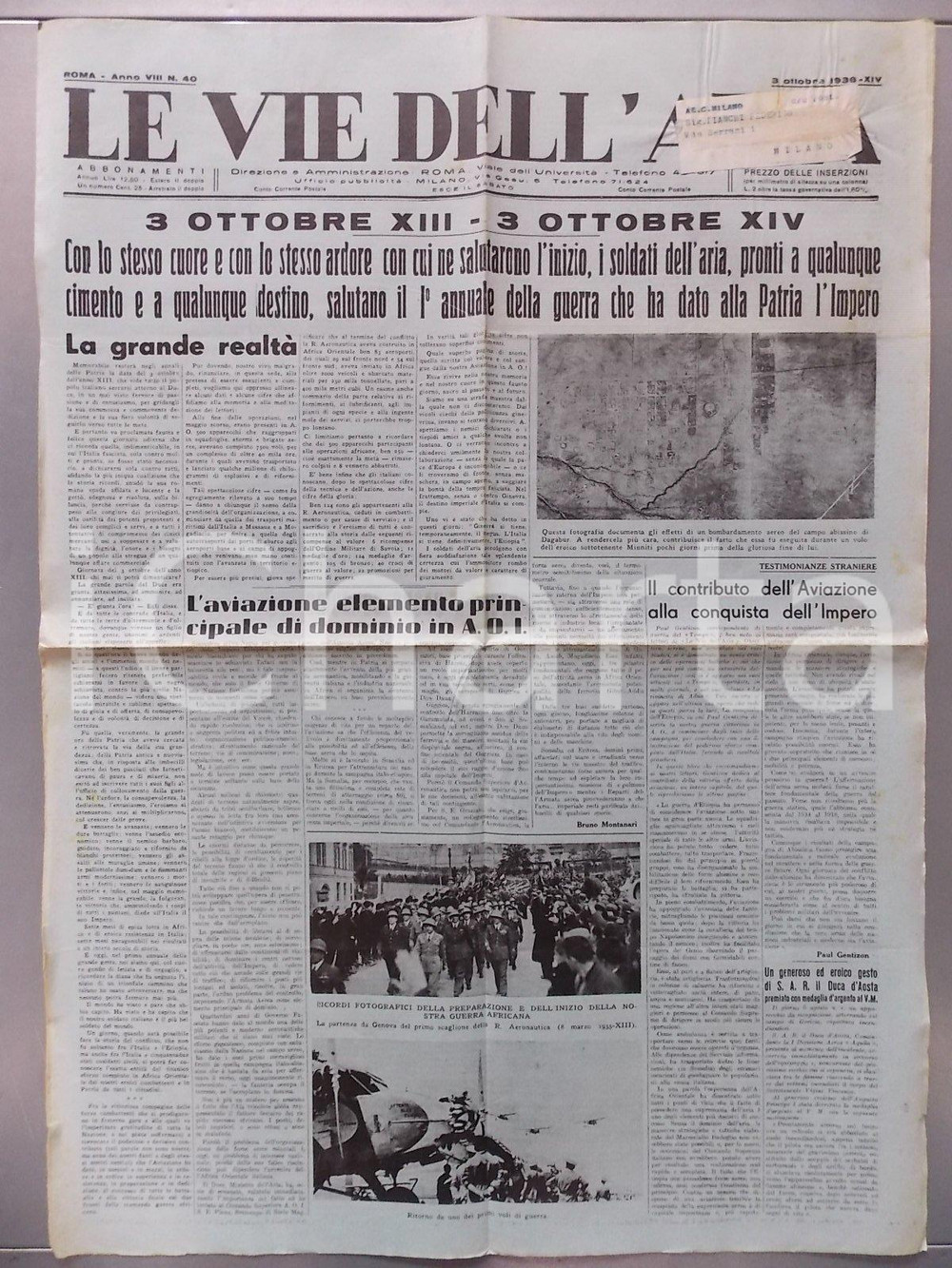Giornale, rivista storica 1936 LE VIE DELL'ARIA Primo anniversario invasione ETIOPIA *Giornale 1