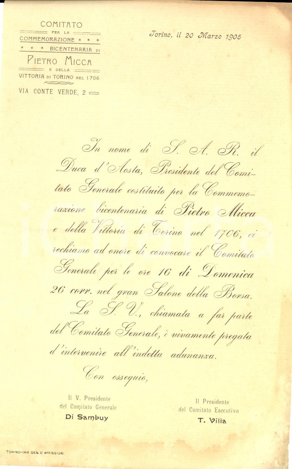 Manoscritto, lettera originale 1905 TORINO Convocazione comitato per bicentenario PIETRO MICCA *Lettera 1