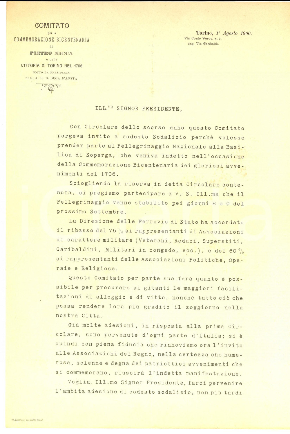 Manoscritto, lettera originale 1906 TORINO Programma pellegrinaggio a SUPERGA per bicentenario PIETRO MICCA 1