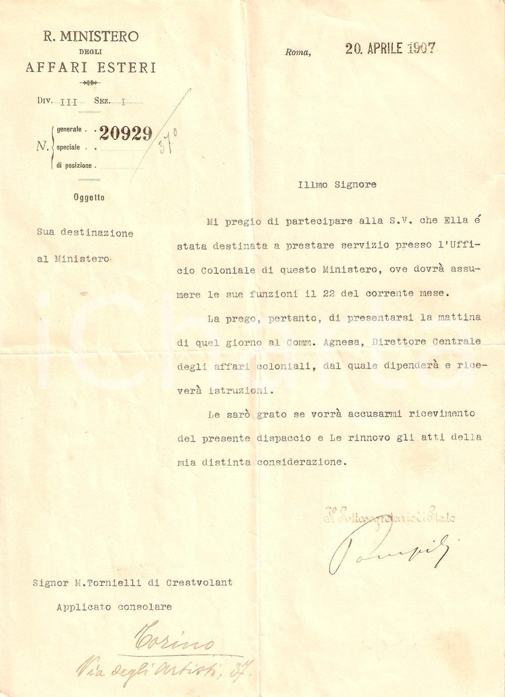 Autografo originale 1907 ROMA AFFARI ESTERI Nomina Celestino TORNIELLI  *Autografo Guido POMPILI 1