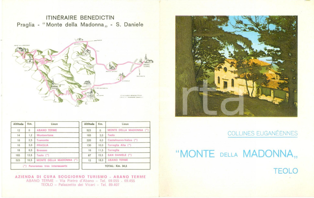Materiale pubblicitario d’epoca 1950 ca TEOLO Itinerario turistico MONTE DELLA MADONNA Colli Euganei MAPPA 1