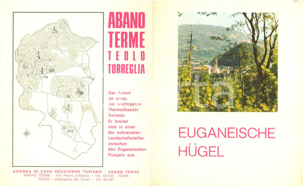 Materiale pubblicitario d’epoca 1950 ca ABANO TERME PD Stazione termale COLLI EUGANEI con mappa ILLUSTRATO 1