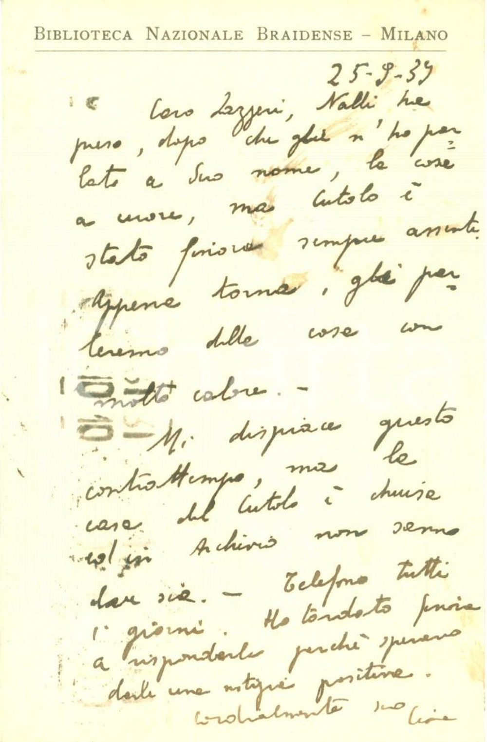 Autografo originale 1939 MILANO BRAIDENSE Alessandro CUTOLO non si sa dove sia Autogr. Edmondo CIONE 1