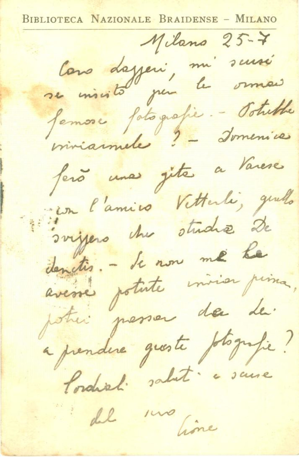 Autografo originale 1939 MILANO BIBLIOTECA BRAIDENSE Domenico CIONE in vacanza con Willy VETTERLI 1