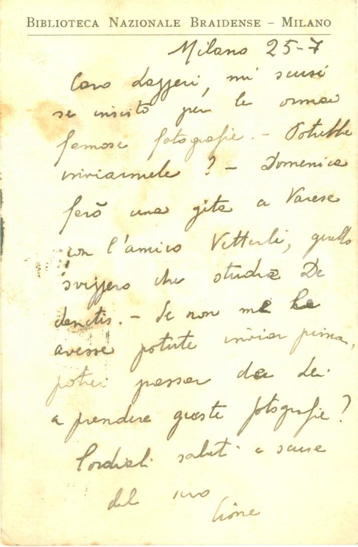 Autografo originale 1939 MILANO BIBLIOTECA BRAIDENSE Domenico CIONE in vacanza con Willy VETTERLI 1
