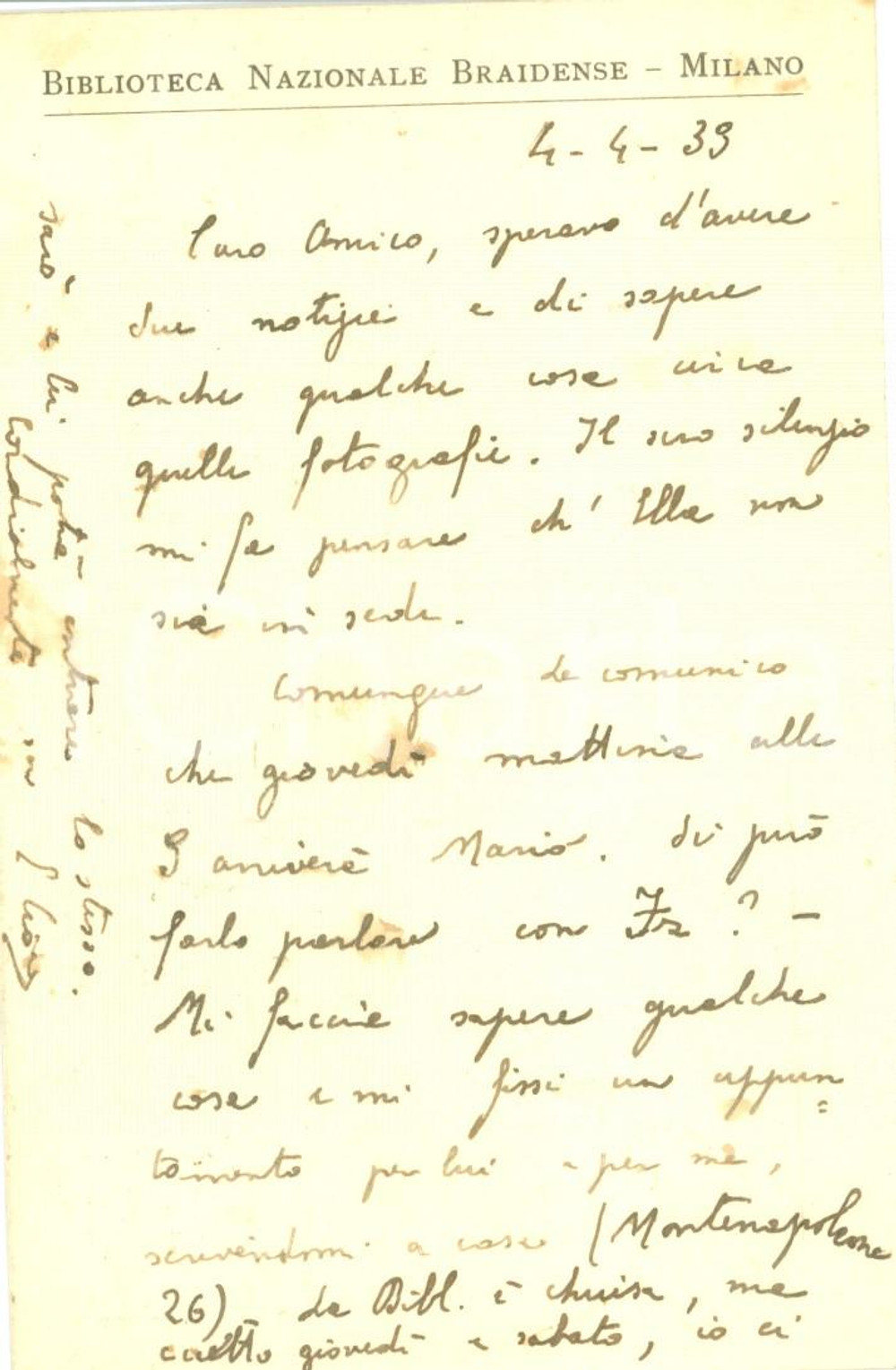 Autografo originale 1939 MILANO BIBLIOTECA BRAIDENSE Domenico CIONE cerca notizie su fotografie 1