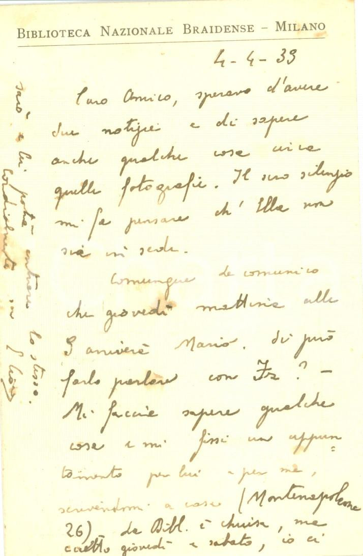 Autografo originale 1939 MILANO BIBLIOTECA BRAIDENSE Domenico CIONE cerca notizie su fotografie 1