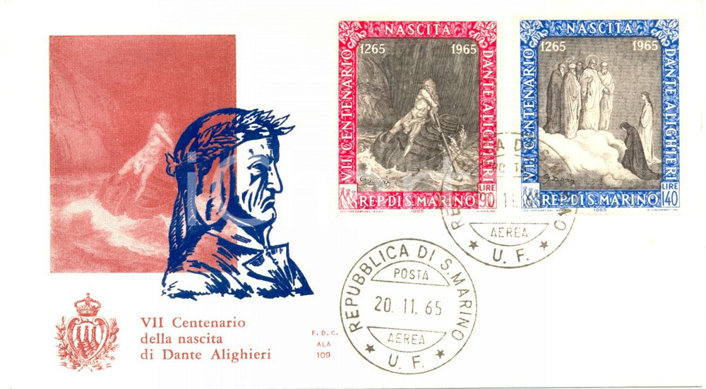 Materiale pubblicitario d’epoca 1965 REPUBBLICA SAN MARINO VII Centenario nascita di Dante BUSTA PRIMO GIORNO 1