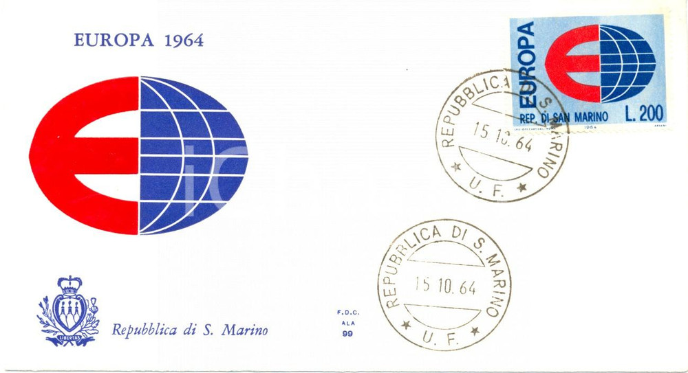 Materiale pubblicitario d’epoca 1964 REPUBBLICA SAN MARINO Europa con annullo filatelico BUSTA PRIMO GIORNO 1