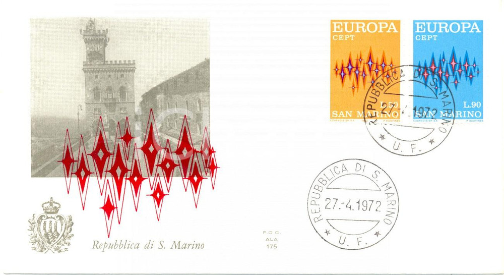 Materiale pubblicitario d’epoca 1972 REPUBBLICA SAN MARINO EUROPA CEPT con annullo filatelico BUSTA PRIMO GIORNO 1