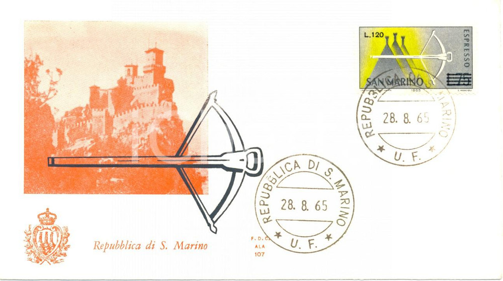 Materiale pubblicitario d’epoca 1965 REPUBBLICA SAN MARINO BALESTRE con annullo filatelico BUSTA PRIMO GIORNO 1