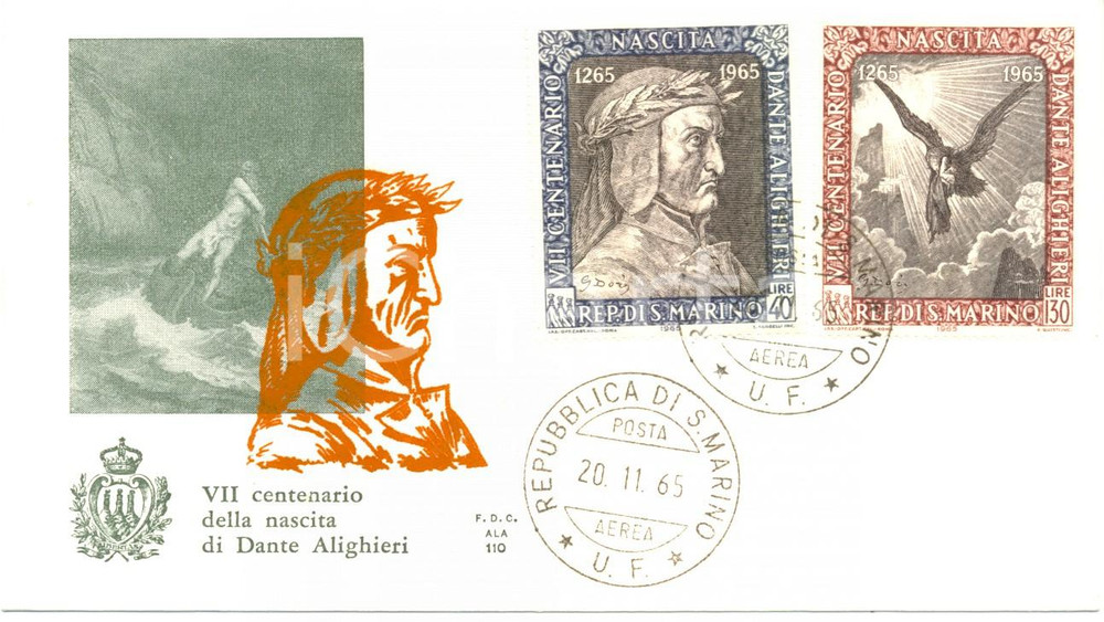 Materiale pubblicitario d’epoca 1965 REPUBBLICA SAN MARINO VII CENTENARIO DANTE con annullo BUSTA PRIMO GIORNO 1