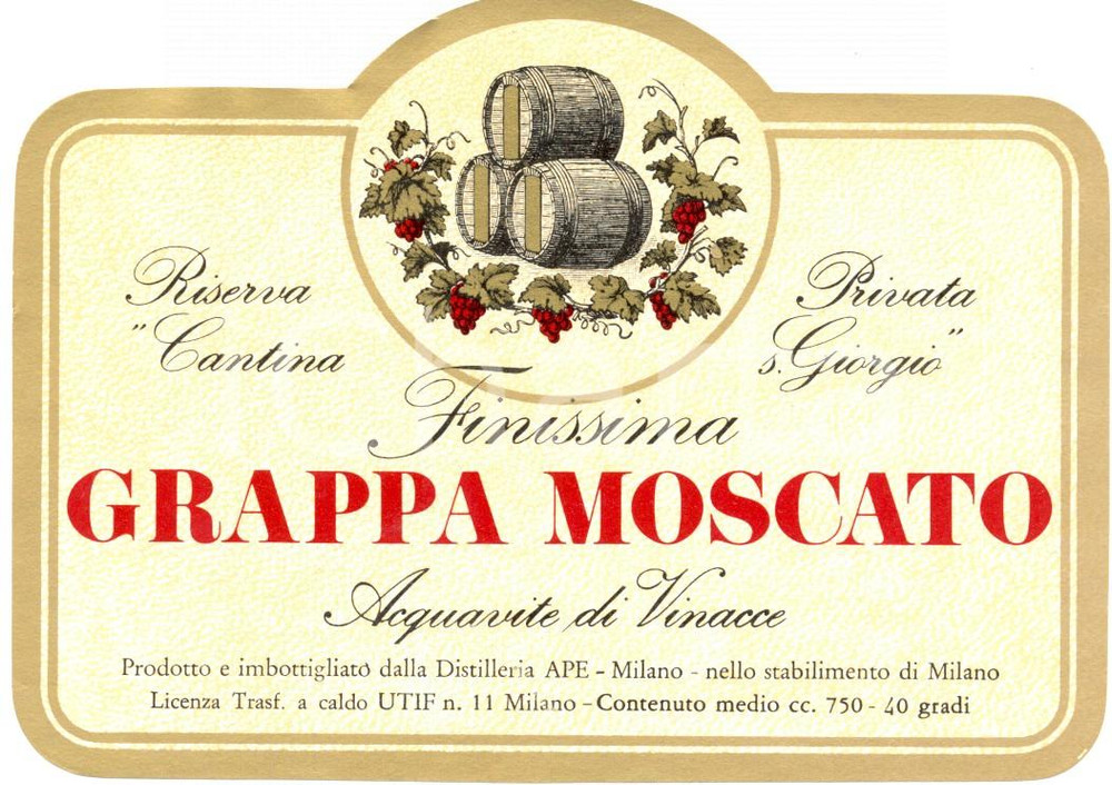 Materiale pubblicitario d’epoca 1970 ca MILANO FINISSIMA GRAPPA MOSCATO Cantina SAN GIORGIO Etichetta ILLUSTRATA 1