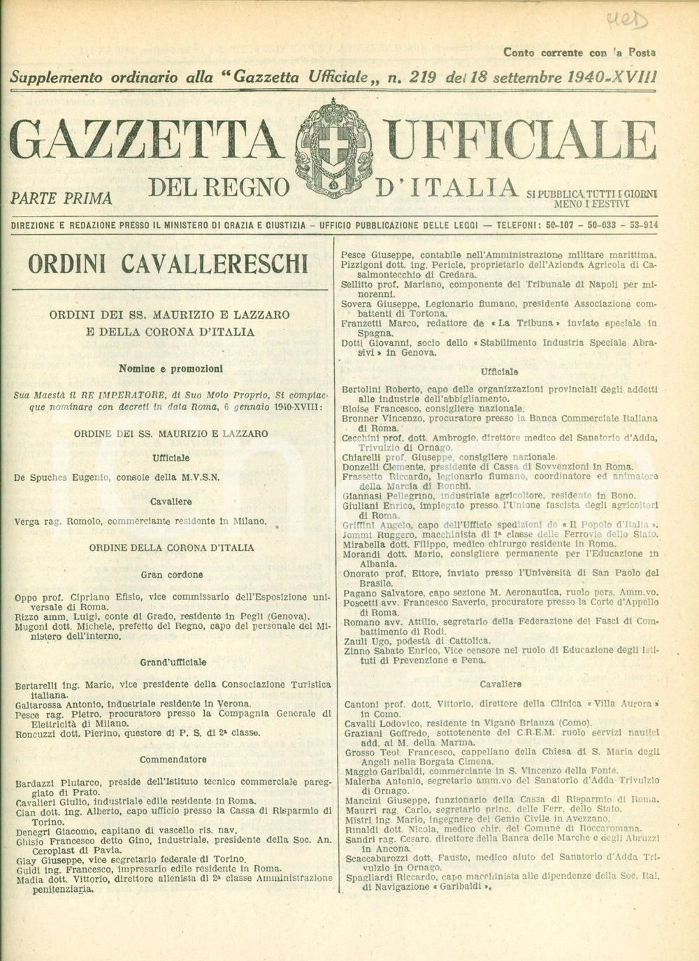 Documento originale, autentico 1940 GAZZETTA UFFICIALE Concessioni nuovi ordini cavallereschi CORONA D'ITALIA 1