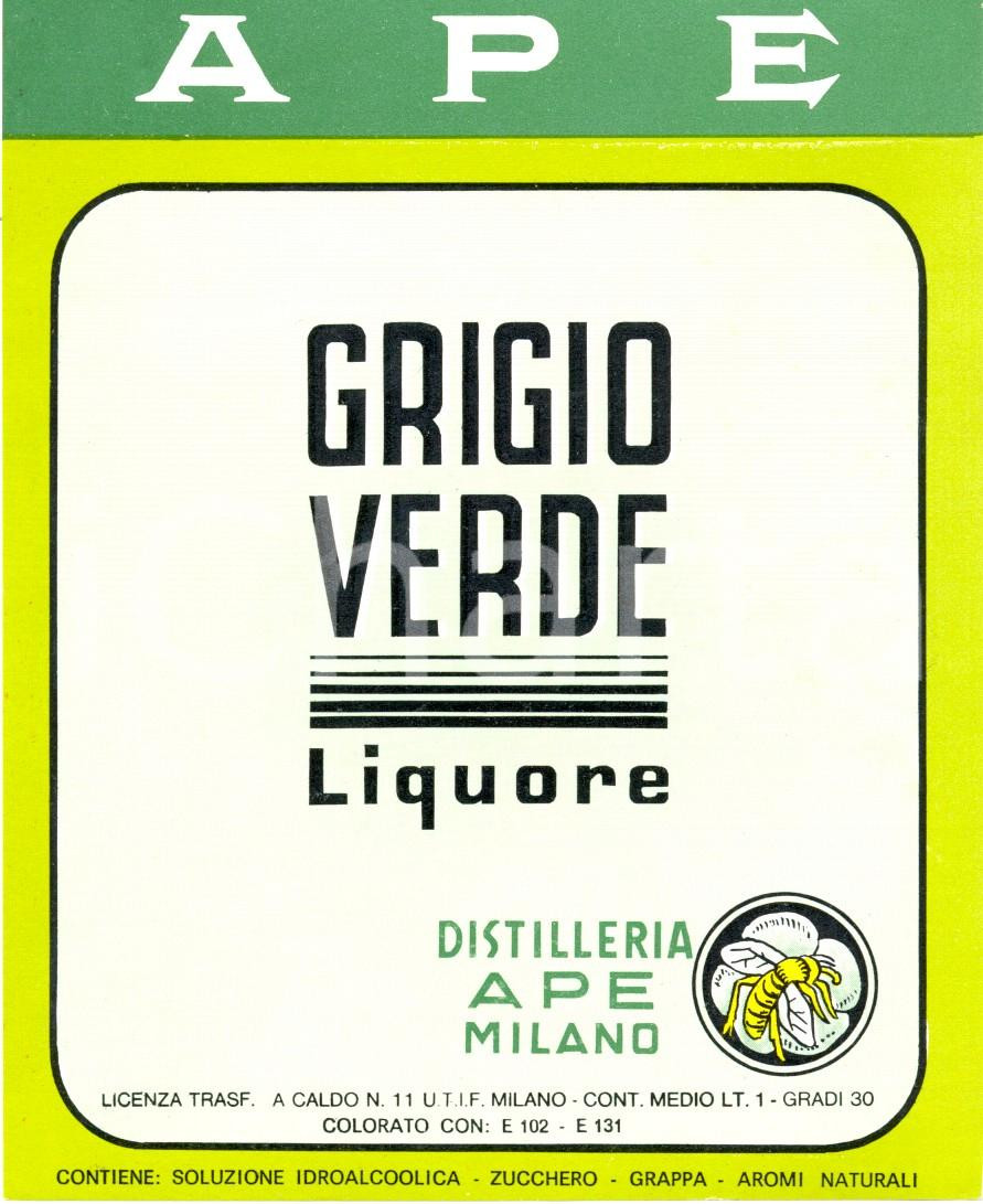 Materiale pubblicitario d’epoca 1970 ca MILANO APE Liquore GRIGIO VERDE Liquore ETICHETTA ILLUSTRATA simbolo 1