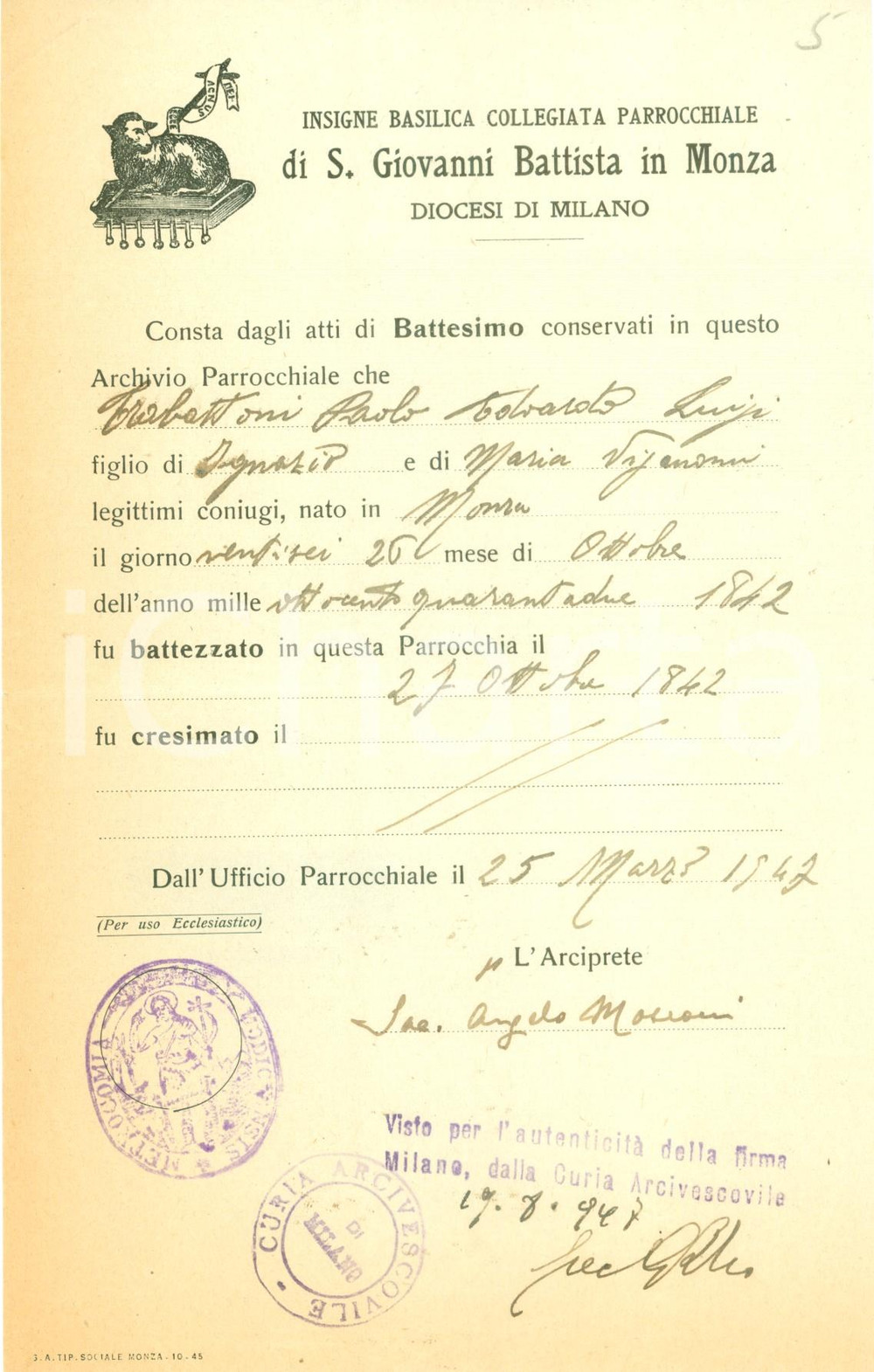 Documento originale, autentico 1947 MONZA Battesimo Paolo TRABATTONI Parrocchia SAN GIOVANNI BATTISTA 1