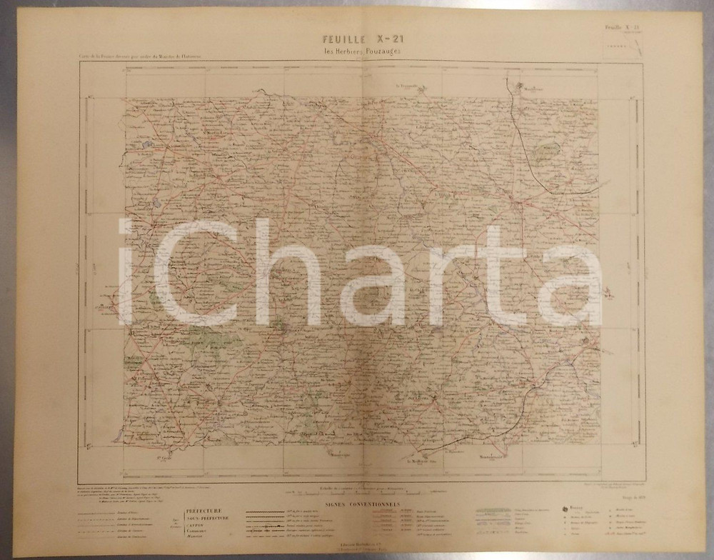 Stampa, bozzetto originale 1879 PARIS Atlas département de la VENDEE  Carte de LES HERBIERS POUZAGUES 1