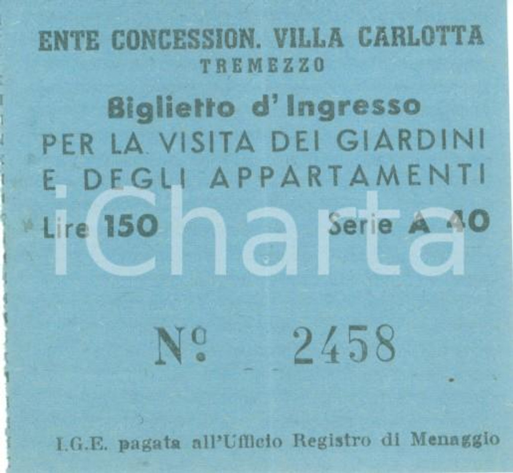 Oggetto da collezione cartaceo 1950 ca TREMEZZO (CO) Biglietto per visita giardini VILLA CARLOTTA 1