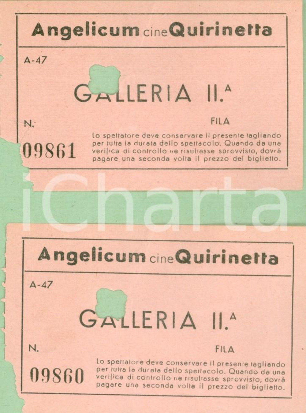 Oggetto da collezione cartaceo 1950 ca ROMA Cinema Angelicum QUIRINETTA Lotto due biglietti galleria 1