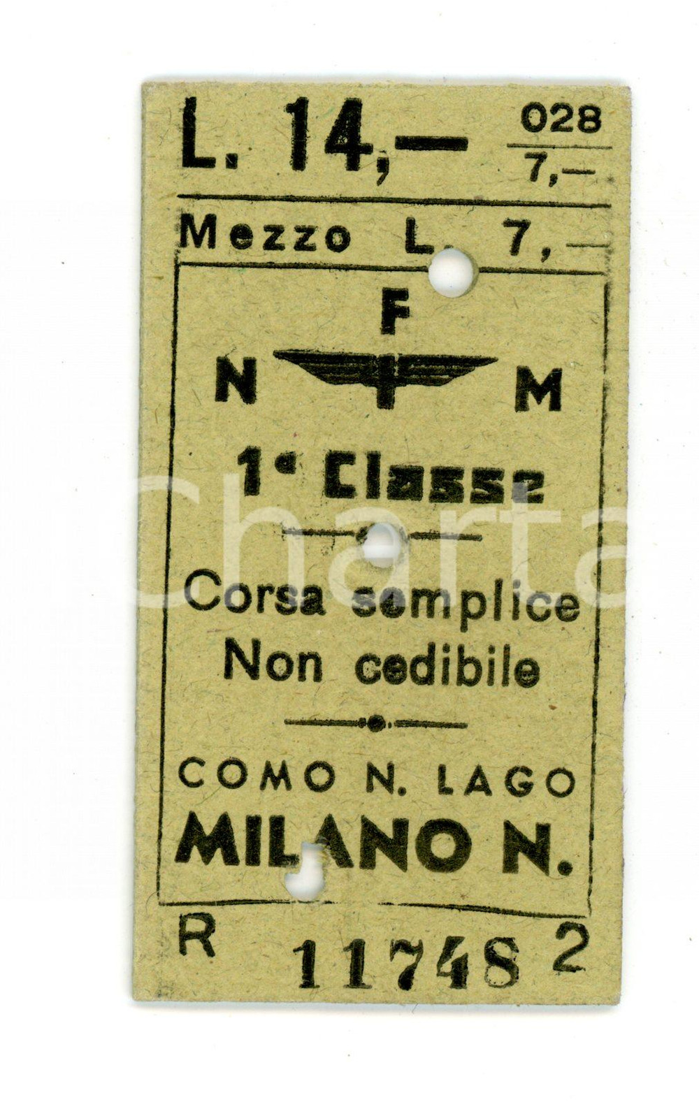Documento originale, autentico 1951 COMO FERROVIE NORD Biglietto ferroviario per MILANO prima classe 1
