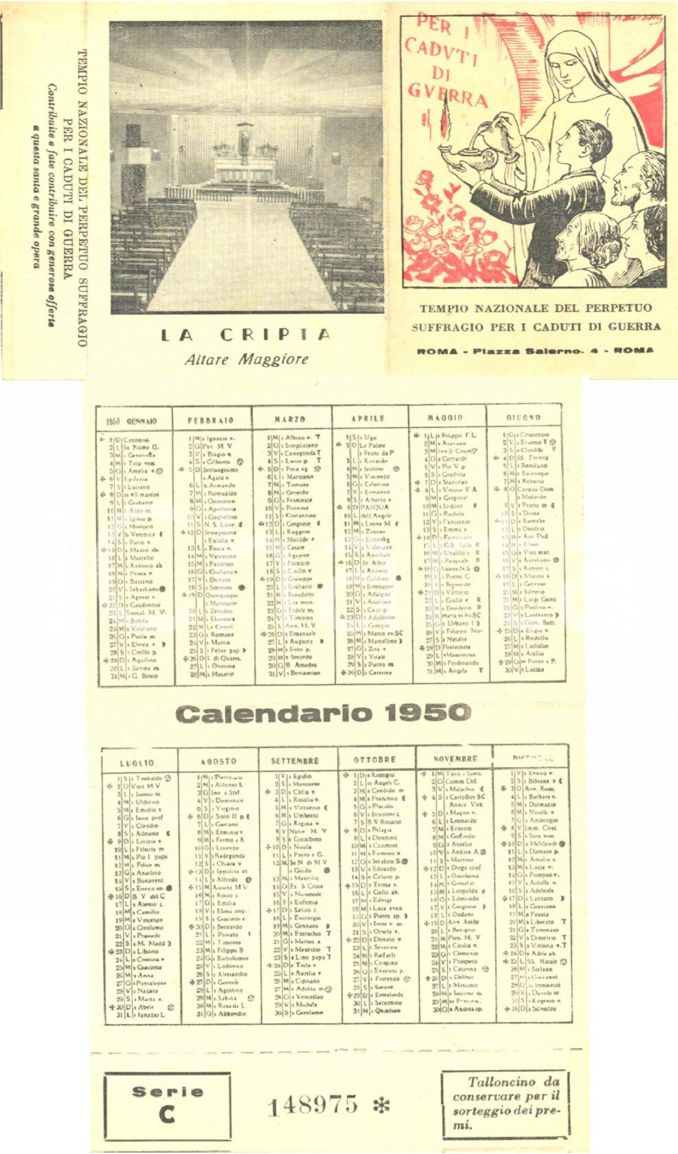 Oggetto da collezione cartaceo 1950 ROMA Tempio Perpetuo Suffragio Caduti di Guerra Calendario per offerte 1 1