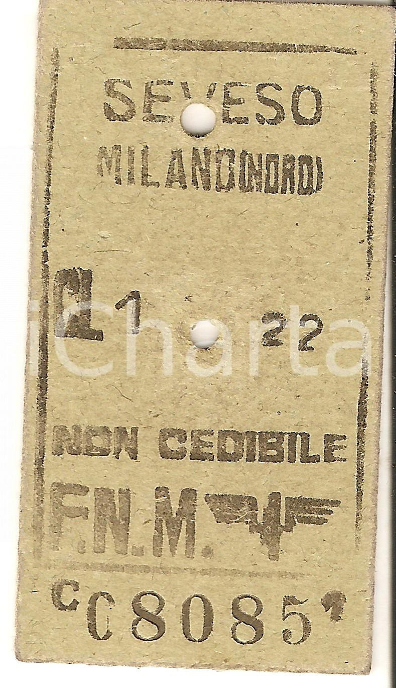 Documento originale, autentico 1951 SEVESO MB FERROVIE NORD FNM Biglietto per MILANO NORD Prima classe 1