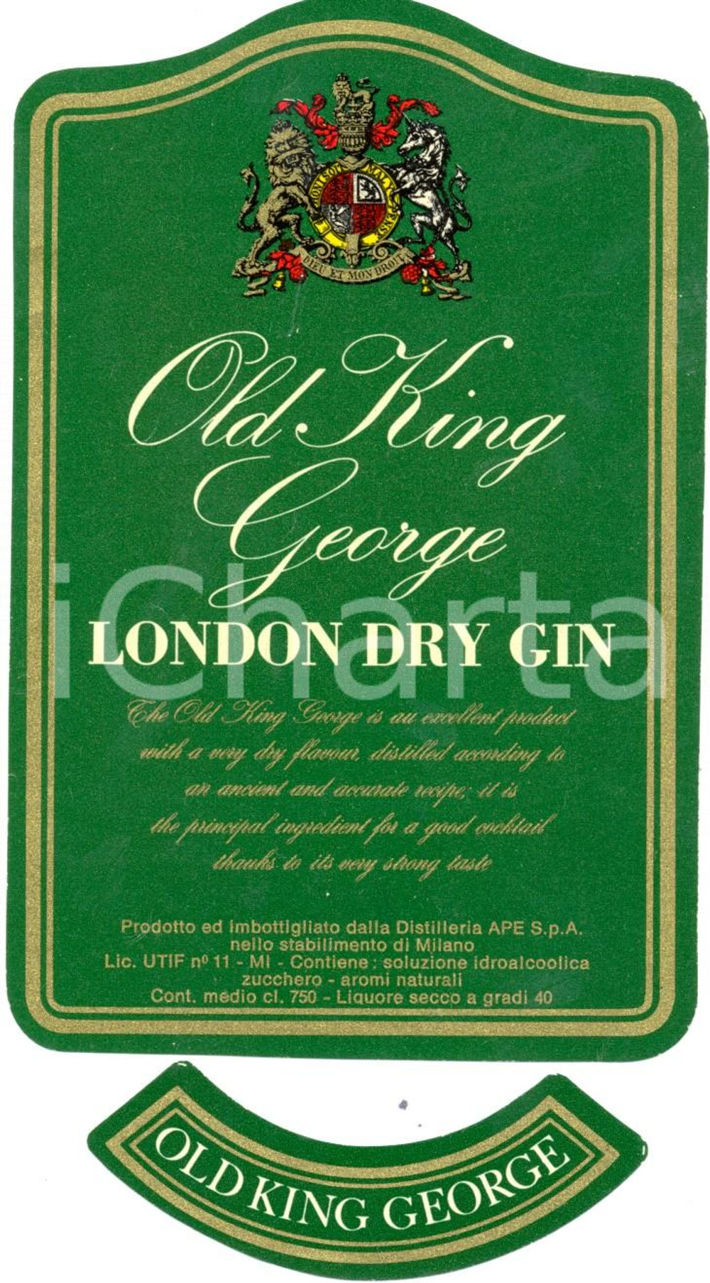 Materiale pubblicitario d’epoca 1970 ca MILANO OLD KING GEORGE London Dry GIN APE Etichetta ILLUSTRATA Adesivo 1