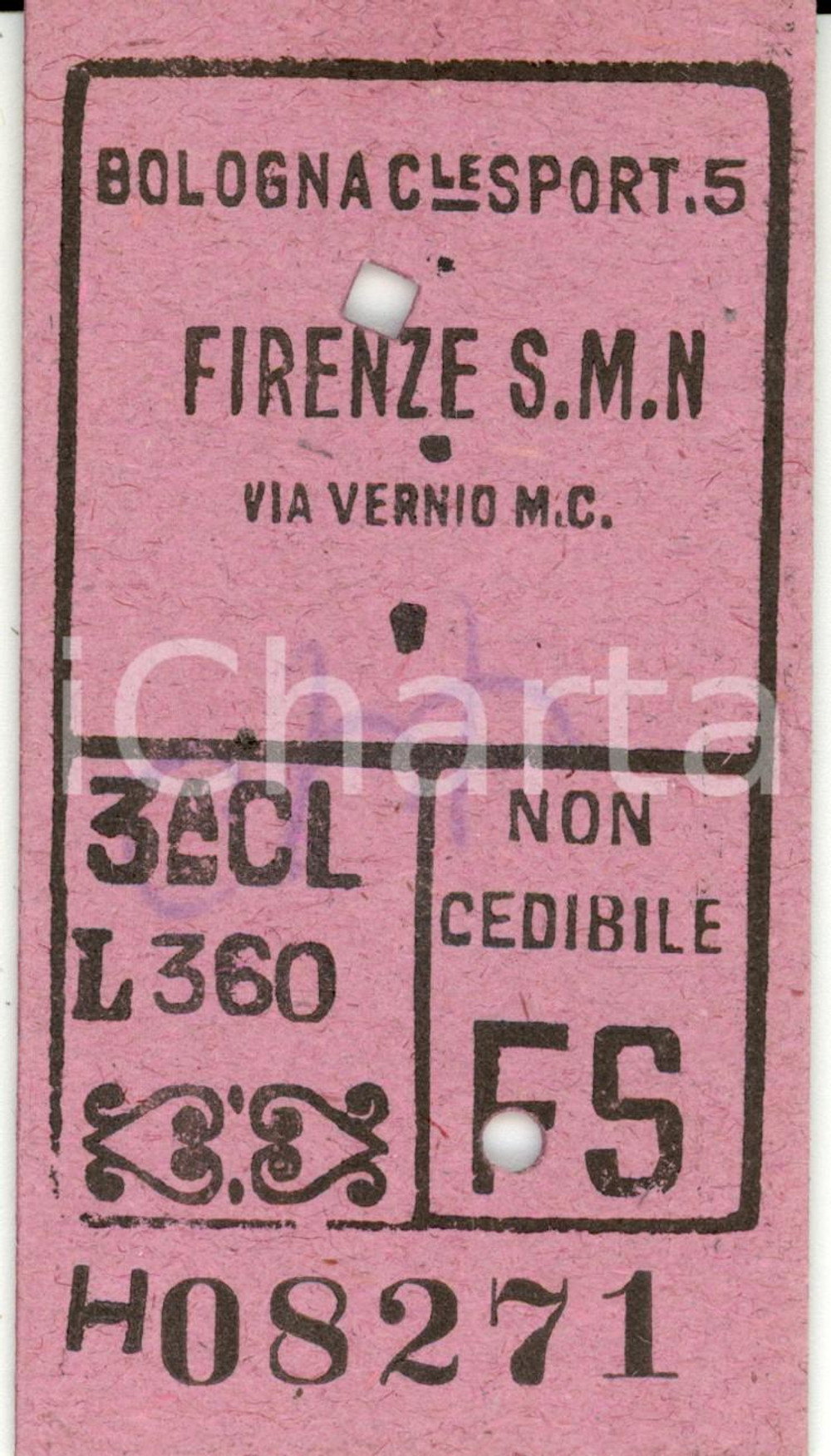 Documento originale, autentico 1949 BOLOGNA CENTRALE FF. SS. Biglietto ferroviario per FIRENZE S.M.N. 1