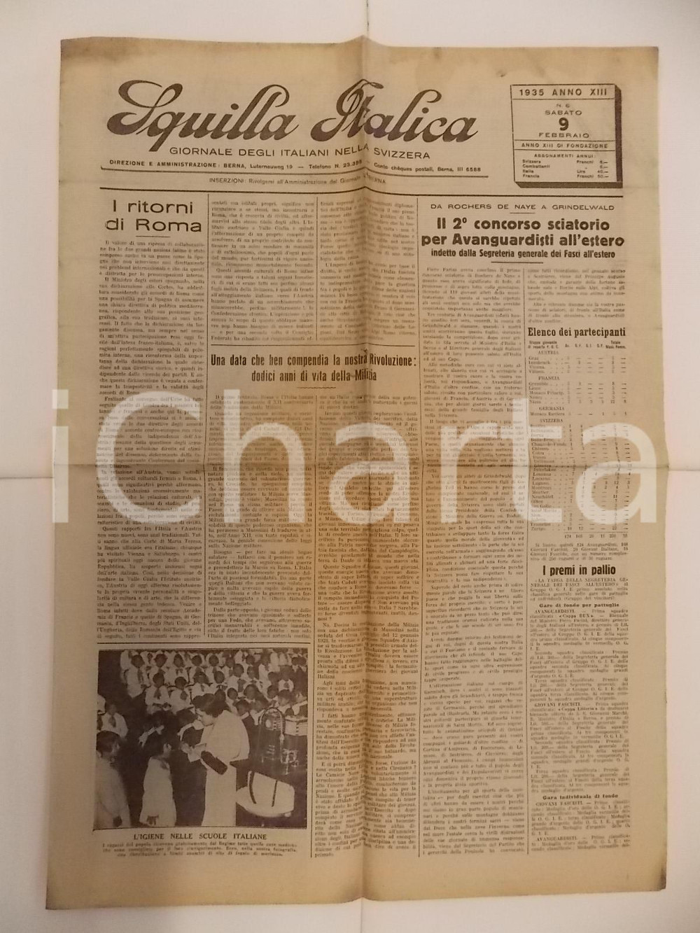 Giornale, rivista storica 1935 SQUILLA ITALICA Concorso di sci per Avanguardisti a GRINDELWALD Giornale 1