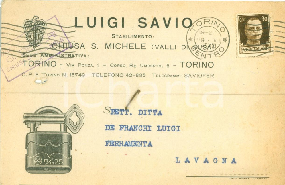 Cartolina originale da collezione 1943 CHIUSA DI SAN MICHELE (TO) Stabilimento Luigi SAVIO *Cartolina FG VG 1