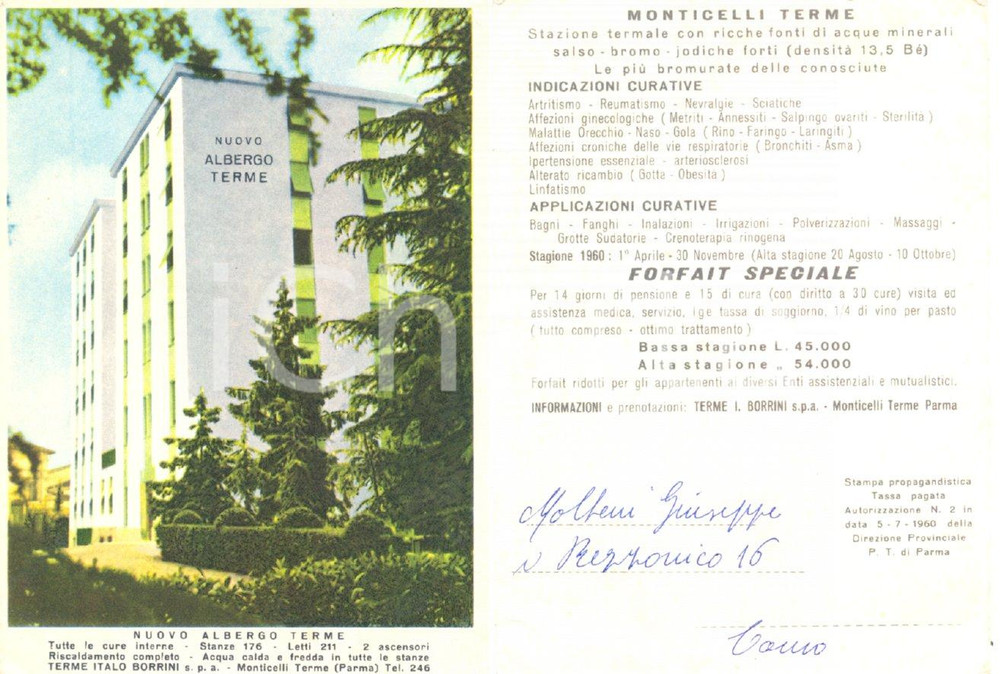 Cartolina originale da collezione 1960 ca MONTECHIARUGOLI (PR) Albergo TERME a MONTICELLI Cartoncino pubblicitario 1