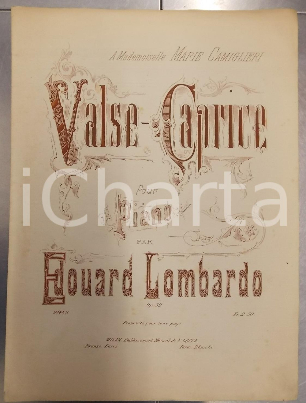 Oggetto da collezione cartaceo 1880 ca Edouard LOMBARDO Valsecaprice pour piano Spartito a Maria CAMIGLIERI 1