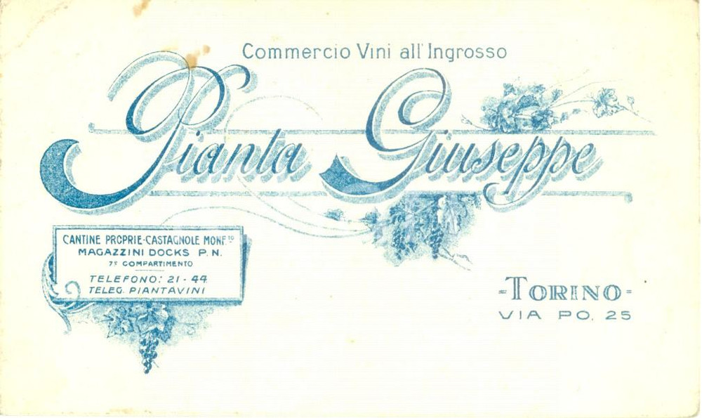 Materiale pubblicitario d’epoca 1930 ca TORINO Giuseppe PIANTA commercio vini all'ingrosso *Biglietto 1
