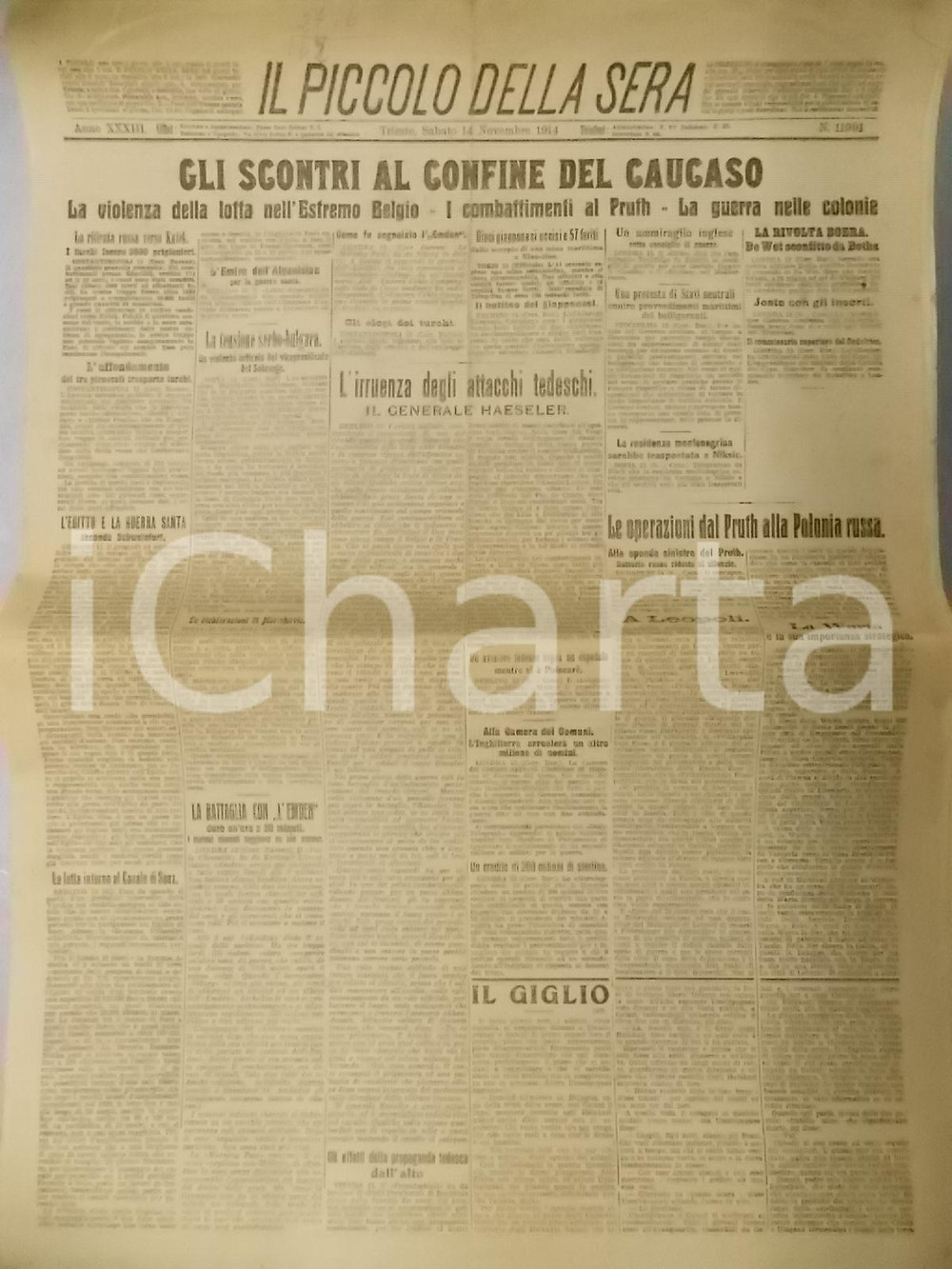 Giornale, rivista storica 1914 WW1 IL PICCOLO DELLA SERA Irruenza attacchi Gen. GOTTLIEB VON HAESELER 1