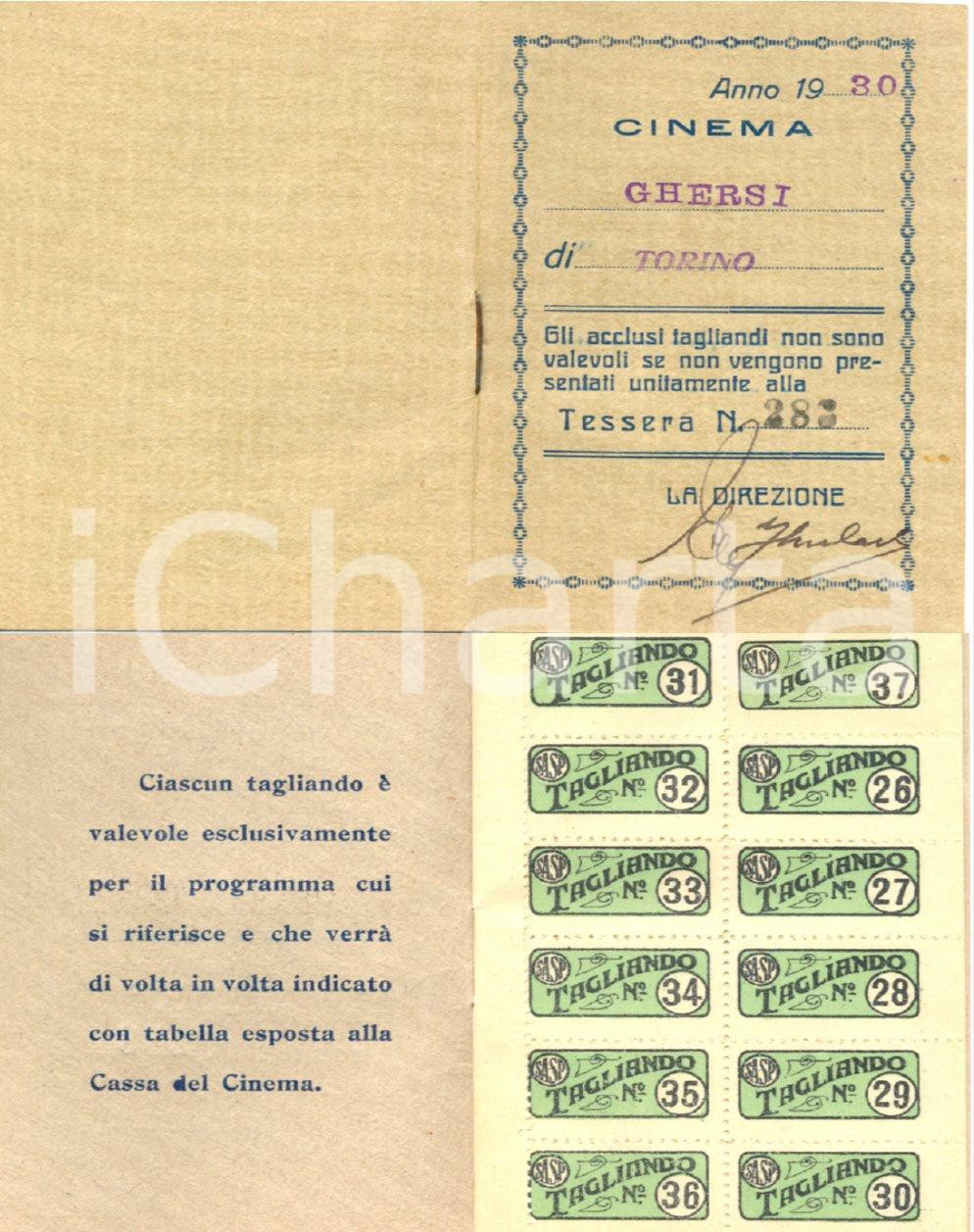 Documento originale, autentico 1930 TORINO Cinema GHERSI Società Anonima Stefano Pittaluga Tagliandi SASP 1