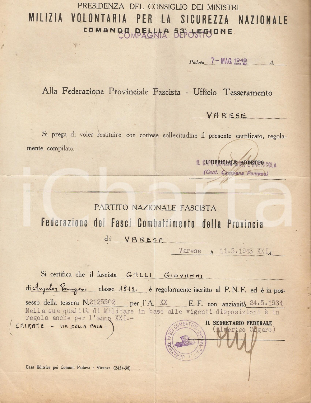Documento originale, autentico 1943 CAIRATE (VA) 53Â° legione MVSN Giovanni GALLI iscritto al PNF *Documento 1