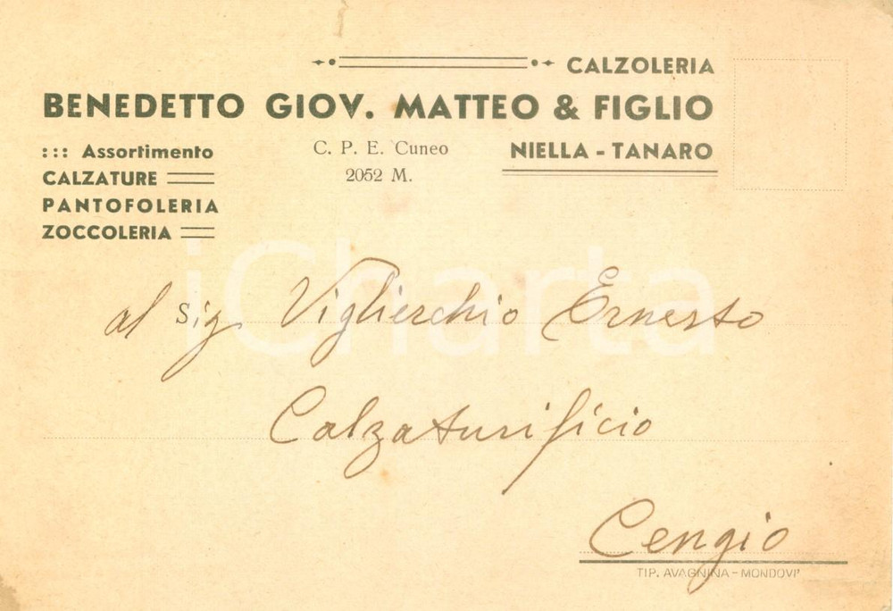 Documento originale, autentico 1941 NIELLA TANARO CN Calzoleria Giovanni Matteo BENEDETTO Zaini come pantofole 1