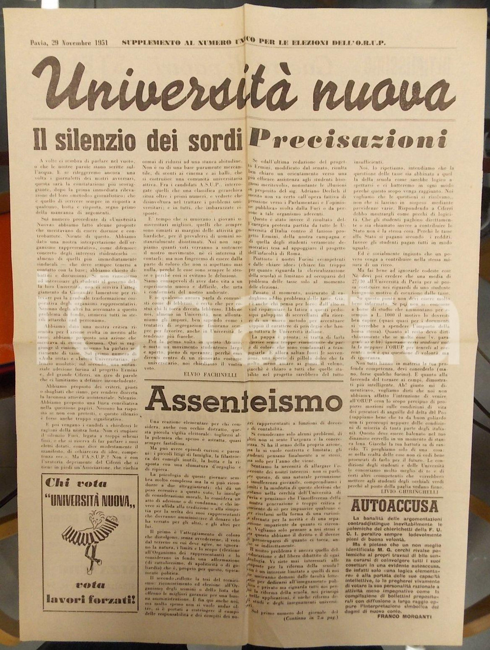 Giornale, rivista storica 1951 PAVIA UNIVERSITA  NUOVA L ASUP pratica il silenzio dei sordi Giornale 1