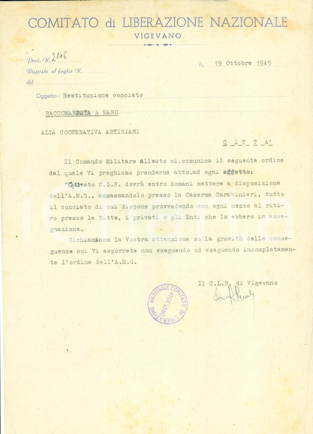 Documento originale, autentico 1945 VIGEVANO PV CLN deve fornire il conciato all Allied Military Government 1