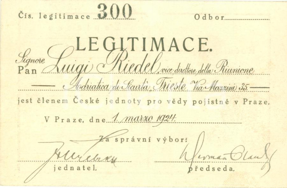 Oggetto da collezione cartaceo 1924 PRAHA Luigi RIEDEL membro Associazione Ceca per le Scienze Tessera 1