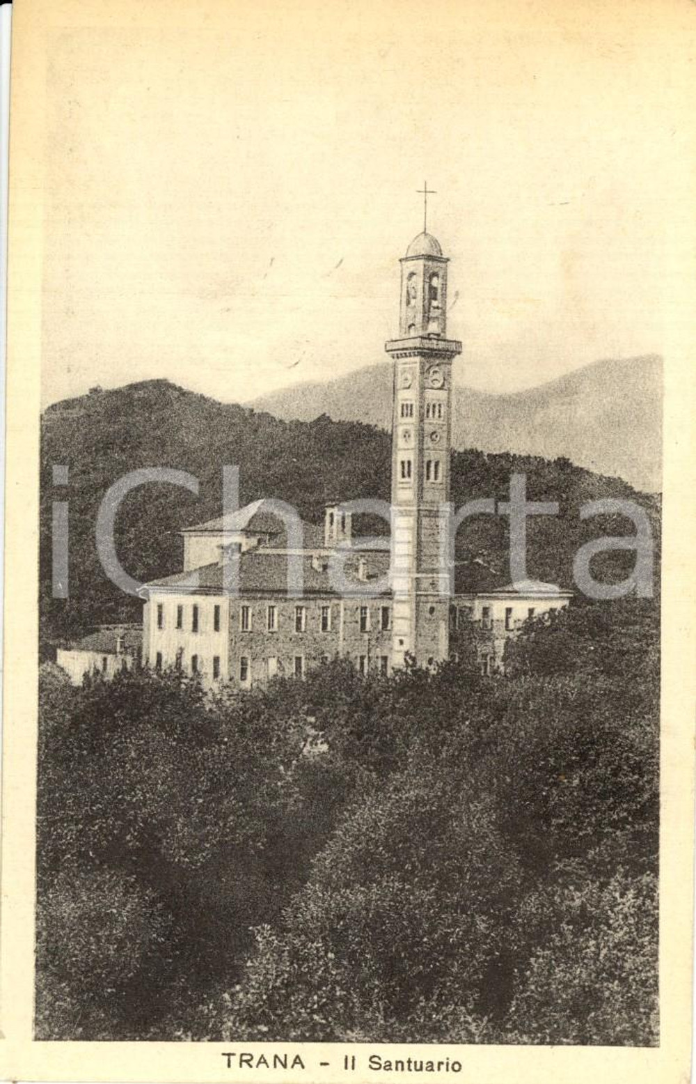 Cartolina originale da collezione 1930 ca TRANA (TO) Veduta Santuario Santa MARIA della STELLA e campanile *FP NV 1