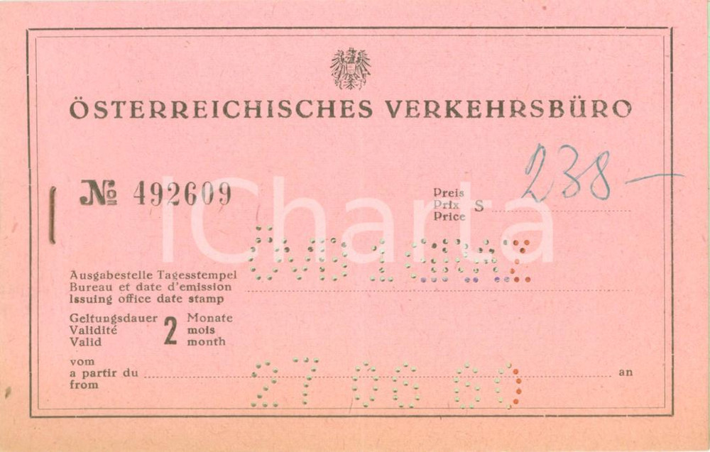 Oggetto da collezione cartaceo 1960 GRAZ Osterreichisches Verkehrsburo Biglietto per TARVISIO e TRIESTE 1
