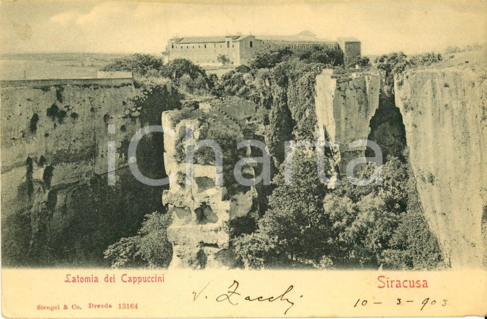 Cartolina originale da collezione 1903 SIRACUSA Veduta della LATOMIA dei CAPPUCCINI con il convento *Cartolina FP 1