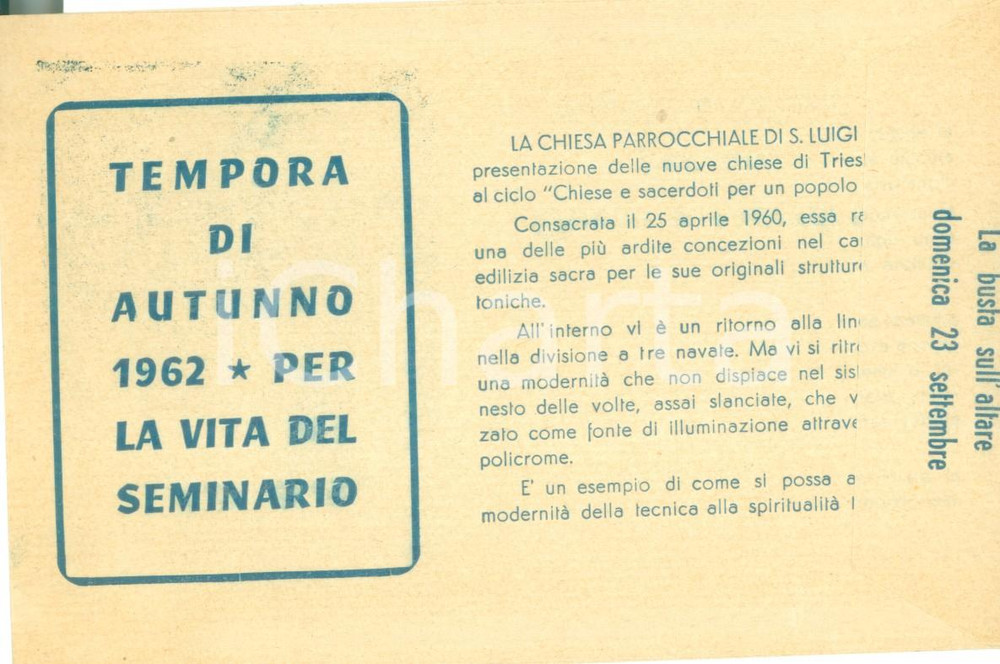Materiale pubblicitario d’epoca 1962 TRIESTE Seminario Vescovile Busta ILLUSTRATA per offerte Tempora d autunno 1